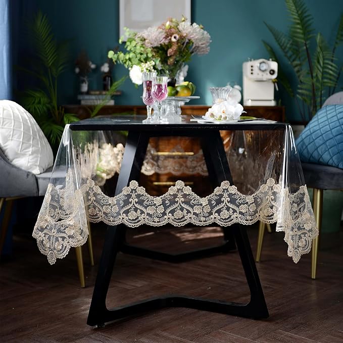 ARTABLE Vinyl PVC Rectangle Tablecloth Waterproof Clear Table Cover with Champagne Lace Macrame Border for Wedding Kitchen Home Outdoor Indoor Holidays Party Decor (Gold, 60 x 84 Inch)