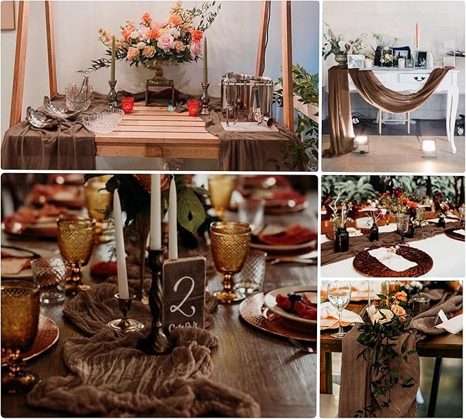 15 Pack Cheesecloth Table Runner 6FT Gauze Cheese Cloth Table Runner 35 x 72 Inch Boho Table Runners Romantic Table Cover for Wedding Birthday Party Engagement Bridal Baby Shower Holiday Décor(Brown)