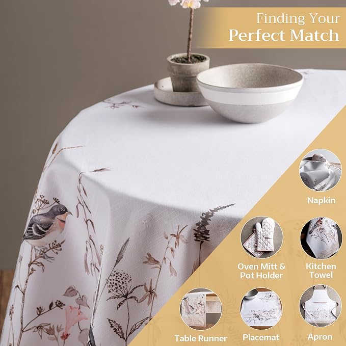 Maison d' Hermine Table Cloth Round Table 100% Cotton 63 Round Inches Tablecloth Reusable Decorative for Dining Kitchen Room Farmhouse Party Home Hotel Restaurant Spring Summer- Meadow Florals - Brown