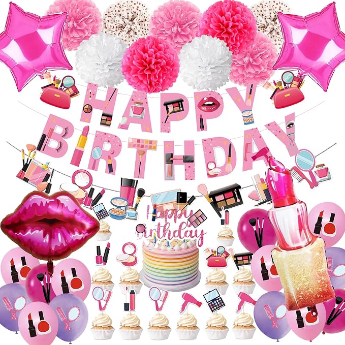 Makeup Party Supplies 66pcs Spa Party Decorations Set-Makeup Theme Party Decoration Happy Birthday Banner Happy Brirthday Makeup Birthday Cake Topper Kit Party Decorations for Girls Women