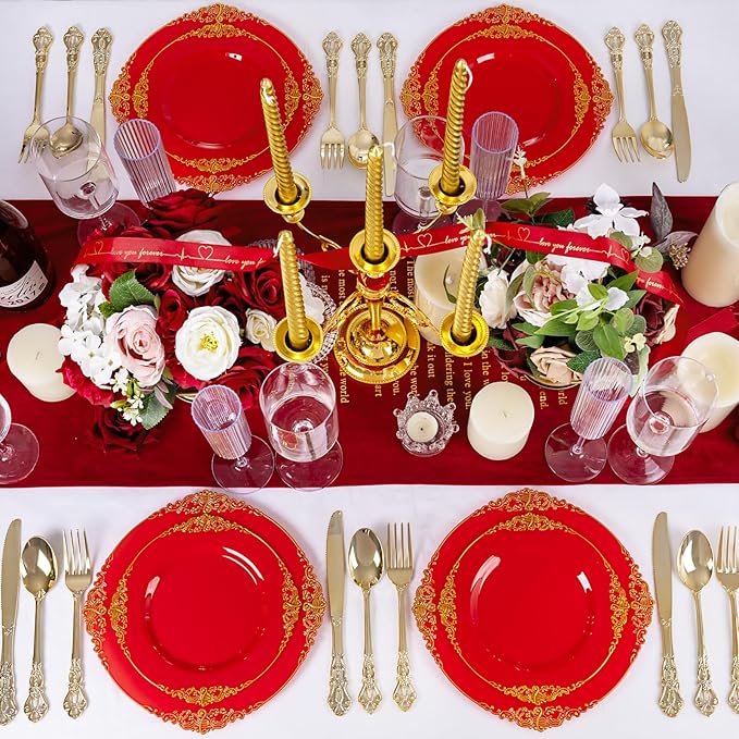 102PCS Red and Gold Plastic Plates - Red Plates Disposable - Vintage Plastic Plate with Gold Rim Include 51PCS Dessert & 51PCS Dinner Plate Perfect for Weddings & Party