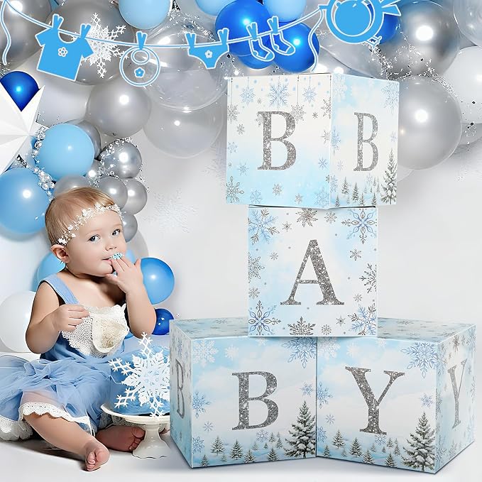 AmazingSpark 4 Pcs Winter Snowflake Blue Baby Shower Decoration Boxes with Letters Winter glitter Snowflake Wonderland Box Block Baby Shower Backdrop Centerpiece for Party