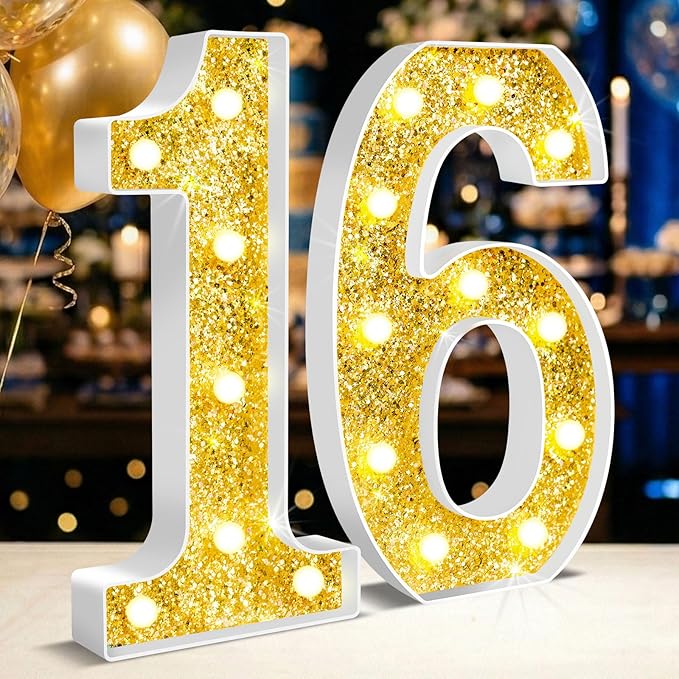 12.6 Inch LED Gold Marquee Light Up Numbers, 16th Birthday Decorations Number Lights as Gifts for Girls Boys, Glitter Lighted Marquee Numbers for Golden Anniversary Party Table Decor, 16