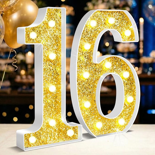 12.6 Inch LED Gold Marquee Light Up Numbers, 16th Birthday Decorations Number Lights as Gifts for Girls Boys, Glitter Lighted Marquee Numbers for Golden Anniversary Party Table Decor, 16