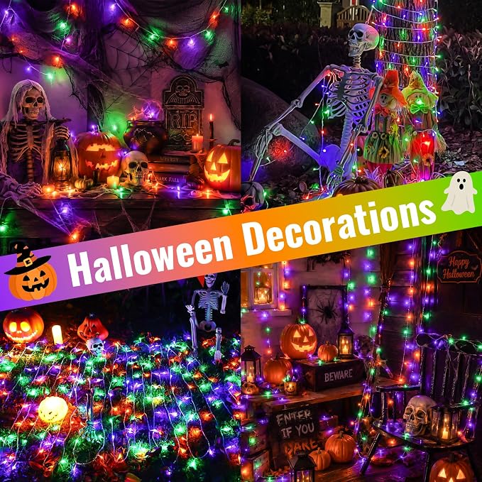 QITONG 2 Pack Battery Operated Halloween Lights, Each 33ft 100 LED Purple Orange and Green String Lights Outdoor Waterproof with Remote, Clear Wire Christmas Twinkle Lights with 8 Modes Indoor