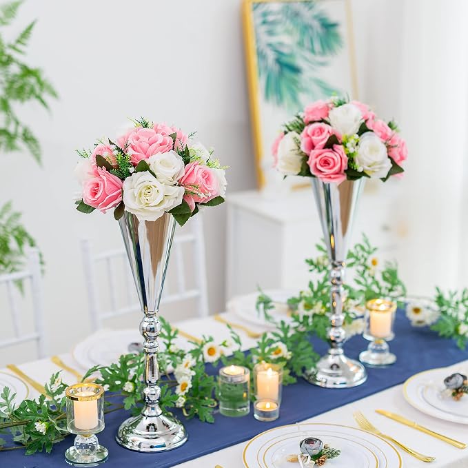 Sliver Vase Centerpiece Table Decorations,2 Pack Metal Tabletop Flower Stand, Wedding Decorations for Reception, 16.5in Trumpet Tall Flower Vase for Birthday, Weddings, Event, Party