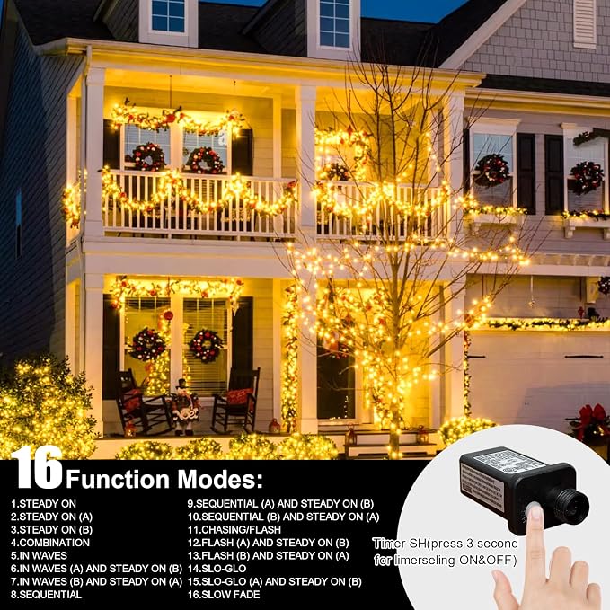 LAMPHOME 99ft Christmas Decorative Mini Lights, 300 LED Transparent Wire Fairy Starry String Light Plug in, 16Lighting Modes for Indoor Outdoor Xmas Tree Wedding Party Decoration (Yellow)