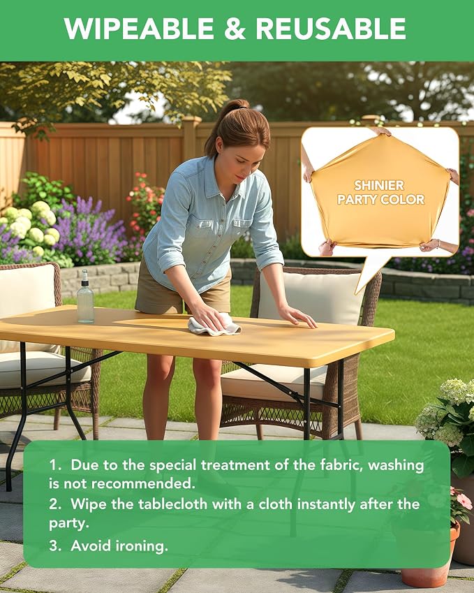 KeyWave Fitted Tablecloth Rectangle Table Cloths - 6 Pack 8 Foot Elastic Stretch Folding Table Top Cover Water-Resistant Reusable for Outdoor Picnic Camping Party Event, Stamping Gold, 96" L x 30" W