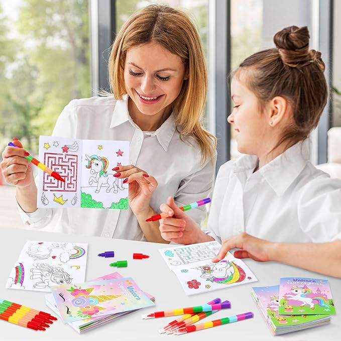 BenLouis 24 Unicorn Mini Coloring Books Kids with 24 Stacking Crayons Rainbow Party Favors Activity Books Bulk for Kids Unicorn Birthday Goodie Bag Gift Stuffer Classroom Reward