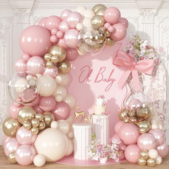 Dusty Pink Balloon Garland Arch Kit, Double Stuffed Pearl Pink White and Gold Balloon Large Clear Balloons for Girls Baby Shower Bridal Shower Wedding Birthday Party Decorations