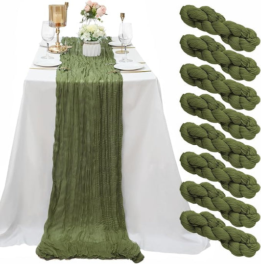 8 Pack Grass Green Cheesecloth Table Runner 10Ft Boho Table Runners 35x120Inch Romantic Cheese Cloth Table Runner for Wedding Birthday Party Bridal Baby Shower Engagement Holiday Christmas Table Decor