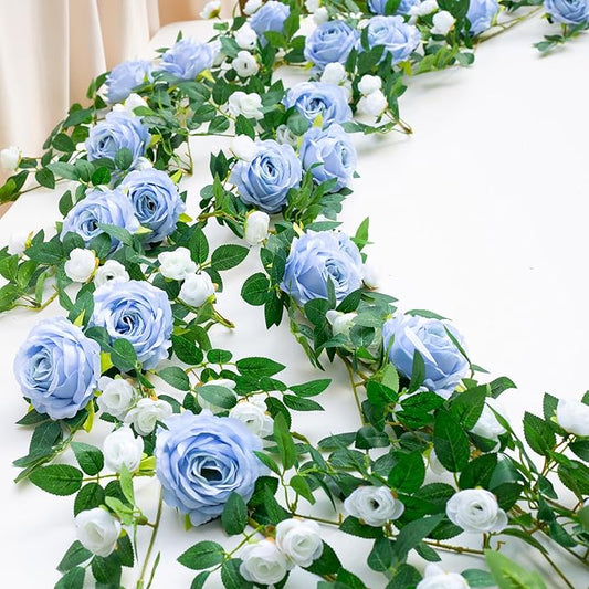2 PCS 12FT Bendable Flower Garland, Artificial Rose Vine Hanging Floral Garland Decoration for Weding Home Room Wall Decor (Blue, 2pcs)