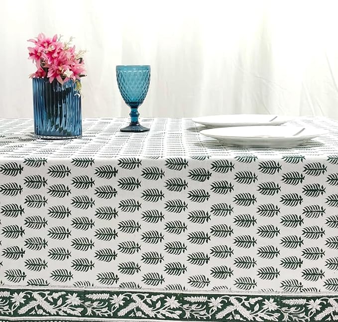 Ridhi Emerald Green Hand Block Print Cotton Rectangle Tablecloth 102" x 48" inches Reusable Table Cover Decorative Everyday Use for Dining Room, Farmhouse, Home Gift for Spring, Mother's Day