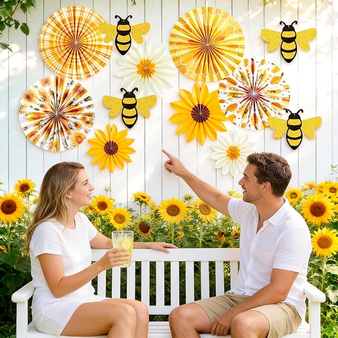 SUNBEAUTY Sunflower Party Decorations Sunflower Birthday Paper Fan Decorations with Bees Yellow White Sun Flower Wall Hanging for Baby Shower Summer Garden Party Classroom Bulletin Board Decoration