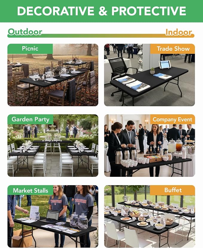 KeyWave Fitted Tablecloth Rectangle Table Cloths - 6 Pack 4 Foot Elastic Stretch Folding Table Top Cover Water-Resistant Reusable for Outdoor Picnic Camping Party Event, Black, 48" L x 30" W