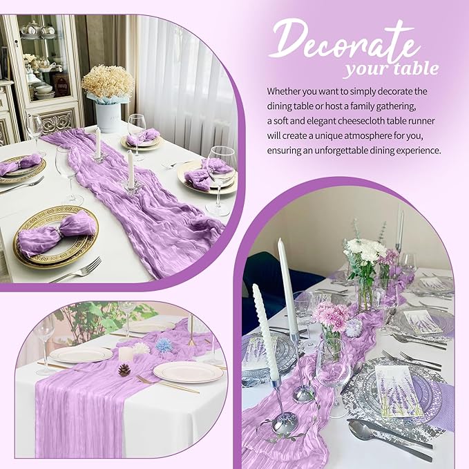 10 Pack Cheesecloth Table Runner Light Purple, Rustic Boho Gauze Fabric Table Runner Romantic Table Runner for Wedding, Festival, Birthday, Anniversary, Dinner and Outdoor Events (17.7 x 108 inch)