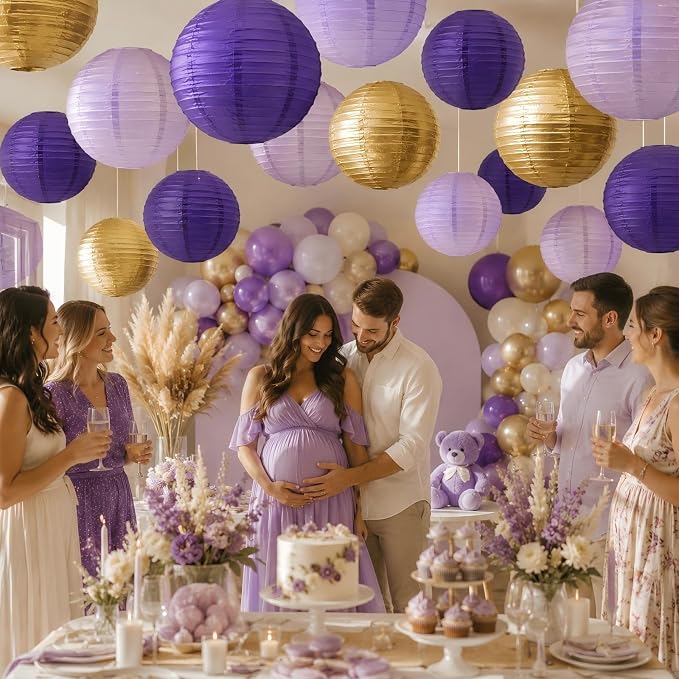 Paper Lanterns Decorative, Round Hanging Lanterns Party Supplies for Graduation Bachelorette Gender Neutral Baby Shower Birthday Party Decorations Purple/Lavender/Gold 21pcs