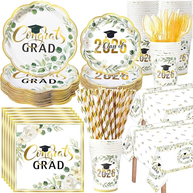 Funnymoom 452 Pcs Class of 2026 Sage Green Graduation Decoration Party Supply for 50, Green Gold Eucalyptus Congrats Grad Paper Plates Napkins Cup Tablecloth Cutlery for Freshly Graduated Decoration
