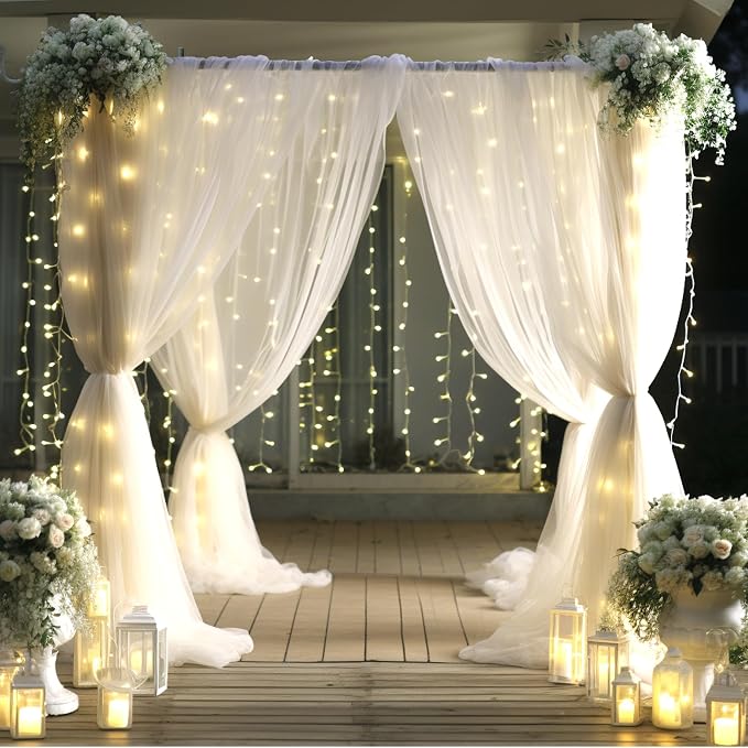 30x8ft White Sheer Backdrop Curtain with Lights String for Parites, Tulle Photo Backdrop Drapes with Lights for Wedding Backdrop Ceremony Reception Bridal Shower Baby Shower Birthday Party