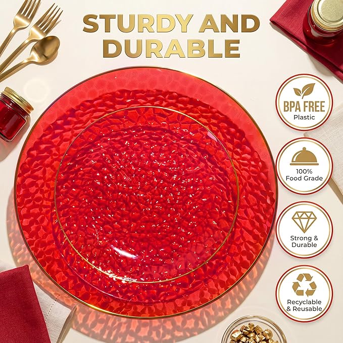 I00000 150Pcs Red Plastic Plates with Gold Rim,Fancy Plastic Plates,Red hammer patterned Disposable plates Set include 30 Dinner Plate,30 Dessert Plate,90 plastic Silverware Set for Valentine's Day