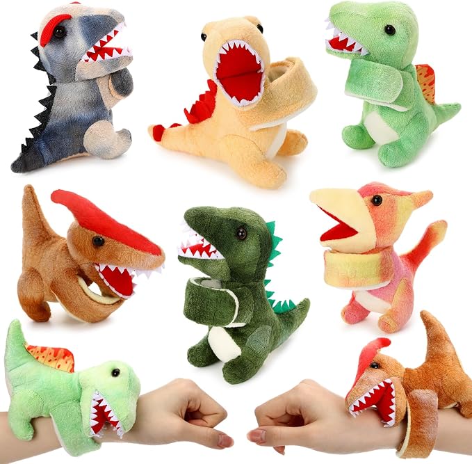 Gemscream 6 Pcs Stuffed Animal Slap Bracelets for Kids, 8 Inch Back to School Small Classroom Prizes Toy, Wrist Snap Bracelets Birthday Gifts for Boys Girls Pet Adoption Party Favors(Dinosaur)