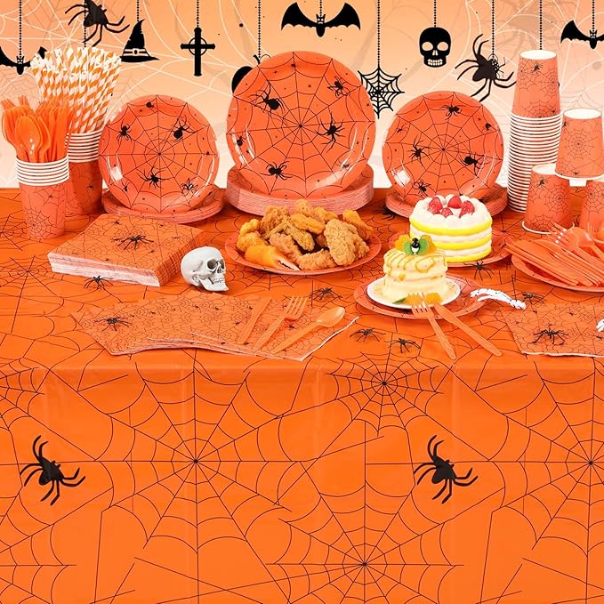 Funnymoom 452 Pcs Halloween Spiderweb Supplies Tableware for 50 Guests, Orange Spider Web Paper Plates Napkins Cups Tablecloth Cutlery Straws for Spiderweb Halloween Birthday Party Decoration