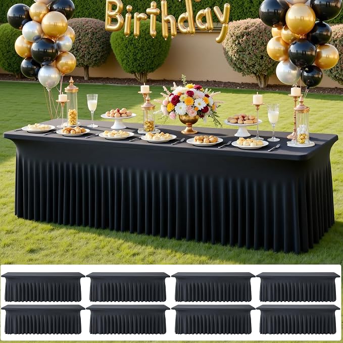 8 pk Black Spandex Tablecloth 8ft with Ruffled Skirt,Wrinkle Free High Stretch Fitted Tablecloths for 8 Foot Rectangle Tables,Pleated Elastic Spandex Table Covers 6ft for Parties Wedding Banquet