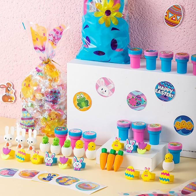 JOYIN 72 Pcs Easter Party Favors Set, 12 Packs Assorted Goody Bags with Rings/Sticker, Foam Stickers, Stampers for Kids Gift, Easter Egg Hunt, Basket Stuffers