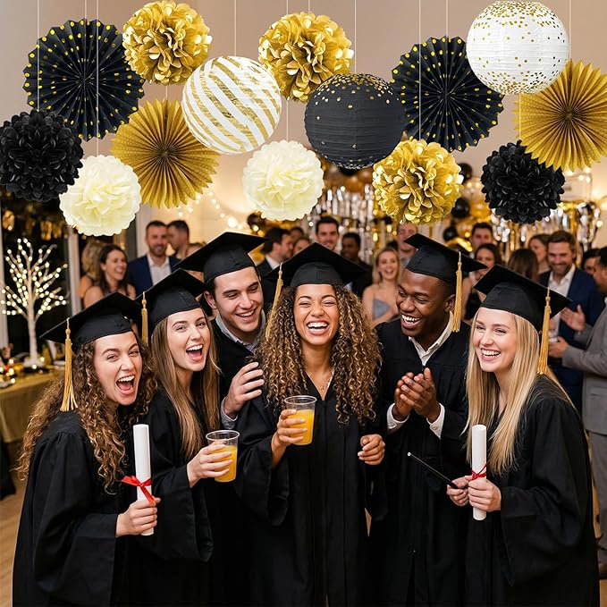 ADLKGG Black and Gold Party Decorations, 14 Pcs Hanging Paper Fans, Lanterns, Pom Poms, Photo Backdrop for Class of 2026 Graduation, Men's Birthday, Great Gatsby Theme Party