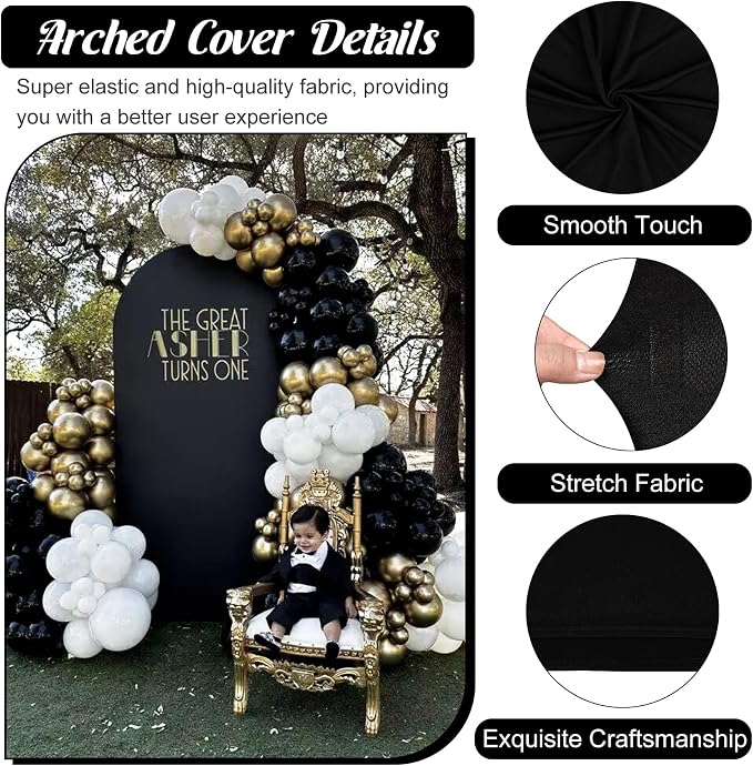 Metal Arch Stand and Cover Set,1 Black Spandex Fitted Backdrop with 1 Gold Wedding Arched Stand Frame for Parties Birthday Baby Shower Bridal Banquet Decoration (7.2FT)