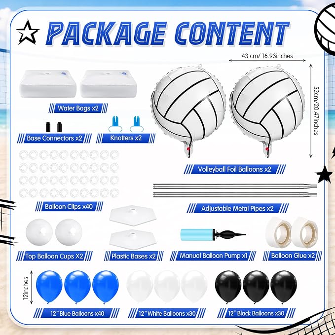 Kasyat 2 Sets Volleyball Balloon Column Stand Kit Blue Black White Volleyball Sports Balloons Adjustable Balloon Arch Stands for Senior Night Decorations Birthday Supplies