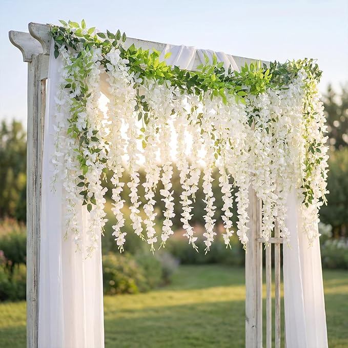 Suncalla 24 Pcs Wisteria Hanging Flowers Vines Fake Hanging Flowers Garland Artificial Wisteria Vines for Wedding Arch Party Home and Garden Decor Table Backdrop (White)