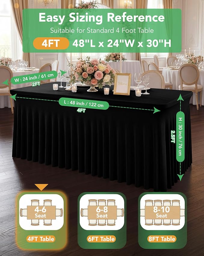 4 Pack Spandex Table Cover Skirts for 4 ft Rectangle Tables, Black Stretch Table Cloths with Floor-Length Ruffle, Elastic Fitted Skirted Tablecloth for Elegant Wedding Banquet Party Buffet Decoration