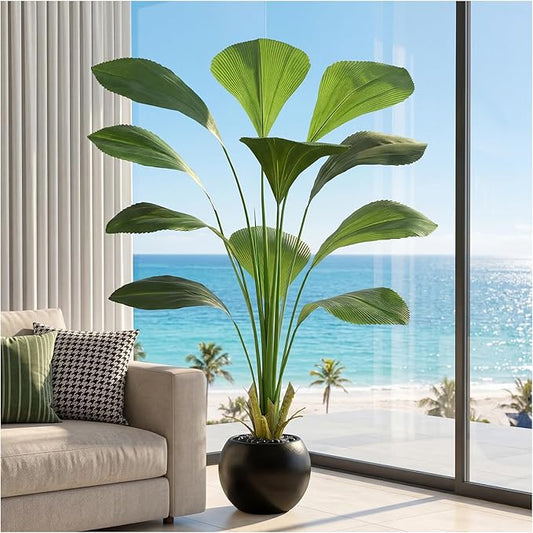 Artificial Sumatra Palm Tree: 5FT Fake Licuala Fan Palm Tree Faux Tropical Plant Realistic Tall Floor Plant in Black Egg-Shaped Pot for Home Living Room Office Decor Patio Hotel Indoor Outdoor