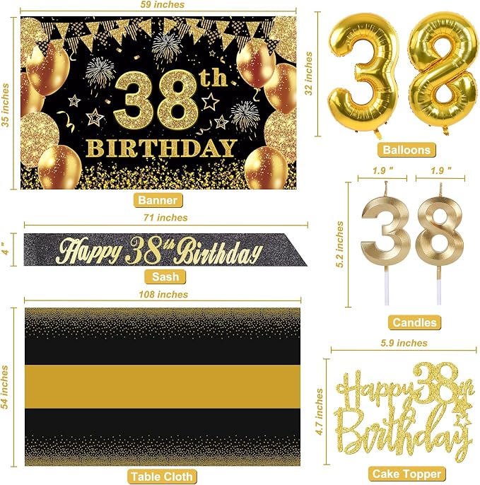 38th Birthday Decorations Men Women with 38th Birthday Banner, Black and Gold Table Cloth, Number Balloons, Large Sash, Cake Topper and Candles