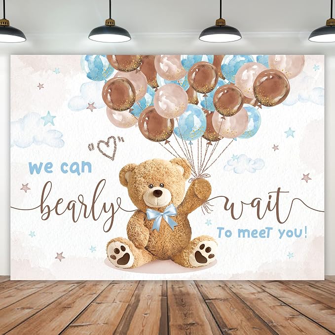 Bear Baby Shower Backdrop 8Wx6H Feet We Can Bearly Wait for Boys Balloons Gold Dots Cute Cartoon Polyester Fabric Newborn Photography Backgrounds Photo Shoot Decor Props Decoration