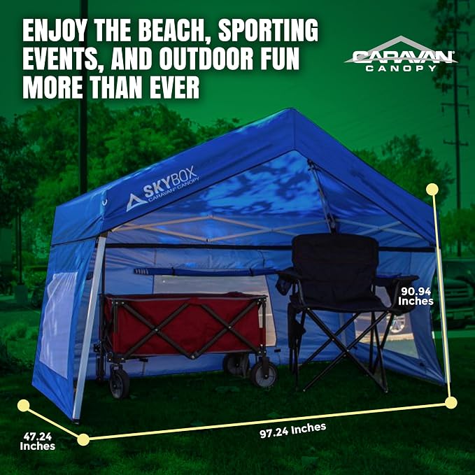 Caravan Canopy Skybox 3.2 Foot x 6.5 Foot Instant Multipurpose Height Adjustable Steel Frame Outdoor Sport Shelter Canopy with Carry Bag, Blue