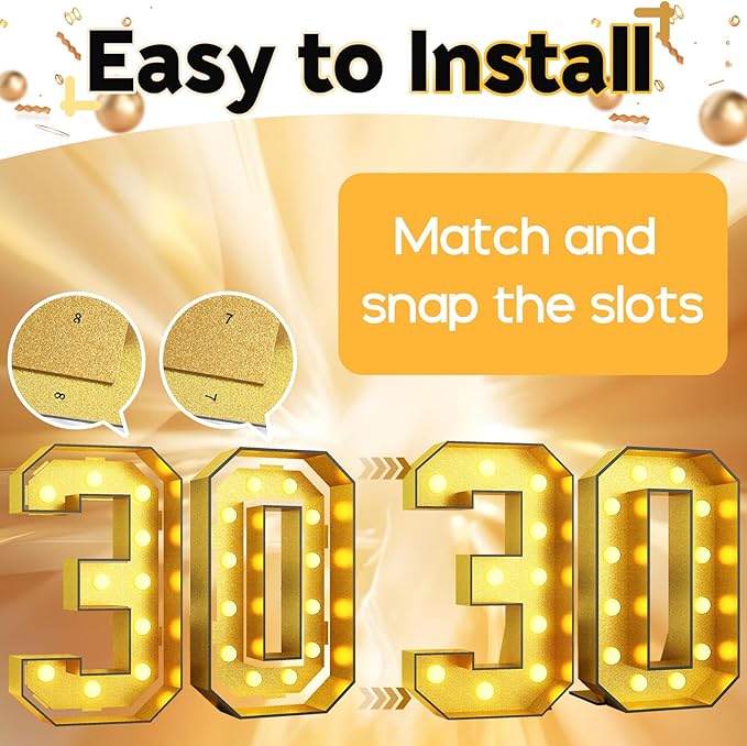 Light Up Numbers 30, 4FT Light Up Numbers 30 Marquee Gold Large Light Up Numbers Mosaic Numbers for 30th Birthday, Giant Light Up Number Frame Pre-Cut Foam Board Kit for Graduation Anniversary Party