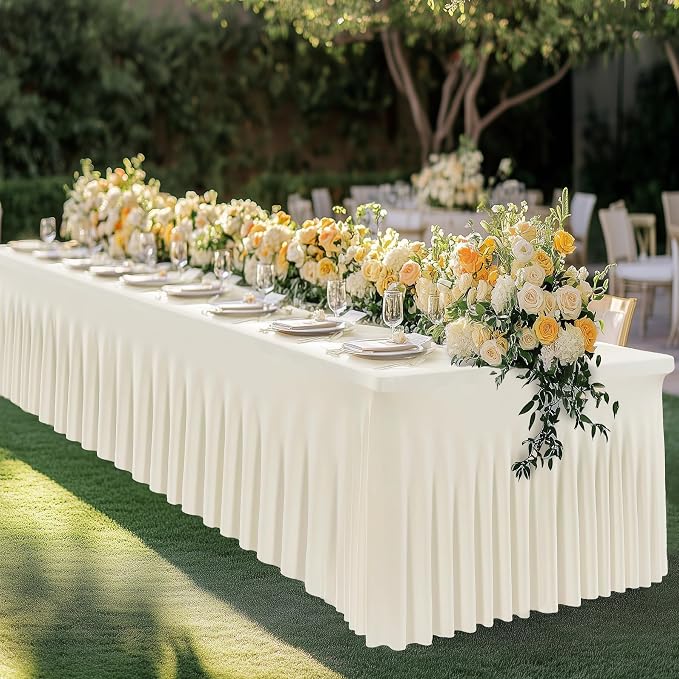 Leegleri 6 Pack Ivory Spandex Table Clothes for 8ft Rectangle Tables, Wrinkle Free Fitted Tablecloths for Parties, Weddings, Banquets, Baby Showers