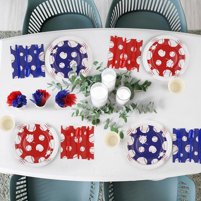 Kochorie 400 Pieces Baseball Disposable Tableware Sets, Baseball Party Supplies with Plates Cups Napkins Cutlery Serves 50 for Birthday Sports Party Decorations
