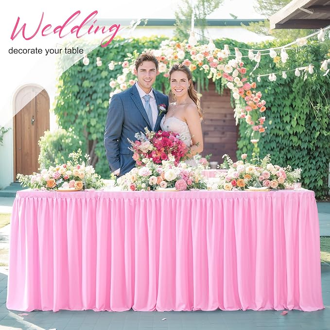 2 Packs Pink Tableclothes for 4 Foot Rectangle Tables, Wrinkle Free Fitted Table Cloth 4ft Stretch Table Cover with Skirt for Parties Weddings Birthday Banquet Baby Shower