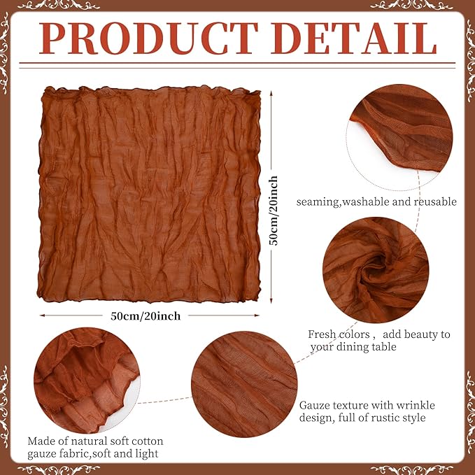 60 PCS Terracotta Gauze Cheesecloth Napkins,20x20 Inch Gauze Napkin Rustic Wrinkled Cheesecloth Napkin Bulk Washable Dinner Table Napkins for Wedding Party Bridal Shower Baby Shower Events Decor