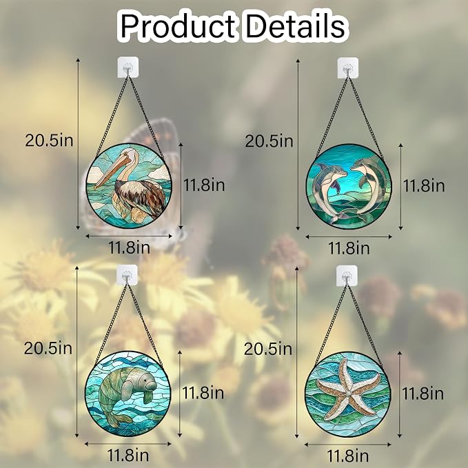 DASTOLL Stained Glass Window Hanging 4 Pcs Set Cyan Ocean Life Theme Large 11.8" - Sea Starfish Suncatcher Door Garden Sun Catcher Decor Birthday for Mom Woman Nana Men Friend