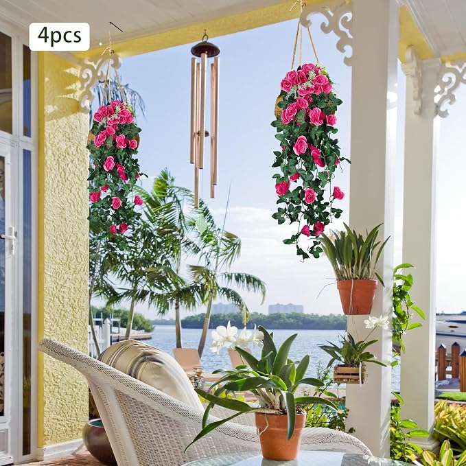 RECUTMS 4PCS Artificial Hanging Rose Flower, 37 Inch Fake Rose Red Silk Floral Ivy Plants for Home Room Garden Front Porch Wedding Arch Labor Day Summer Break Party Indoor Outdoor Greenery Decoration