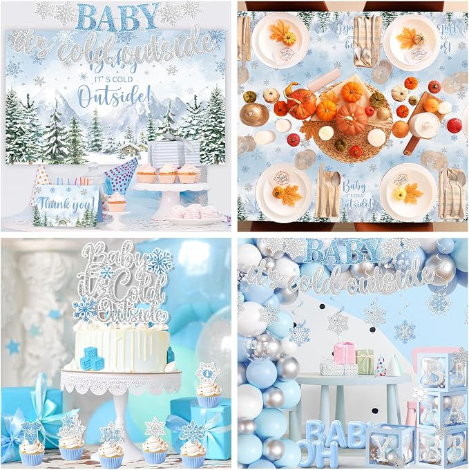 Baby It’s Cold Outside Baby Shower Decorations, Blue Winter Baby Shower Decorations for Boy Winter Woodland Tablecloth Banner Backdrop Balloon Box Cupcake Topper Hanging Swirl for Boy Gender Reveal