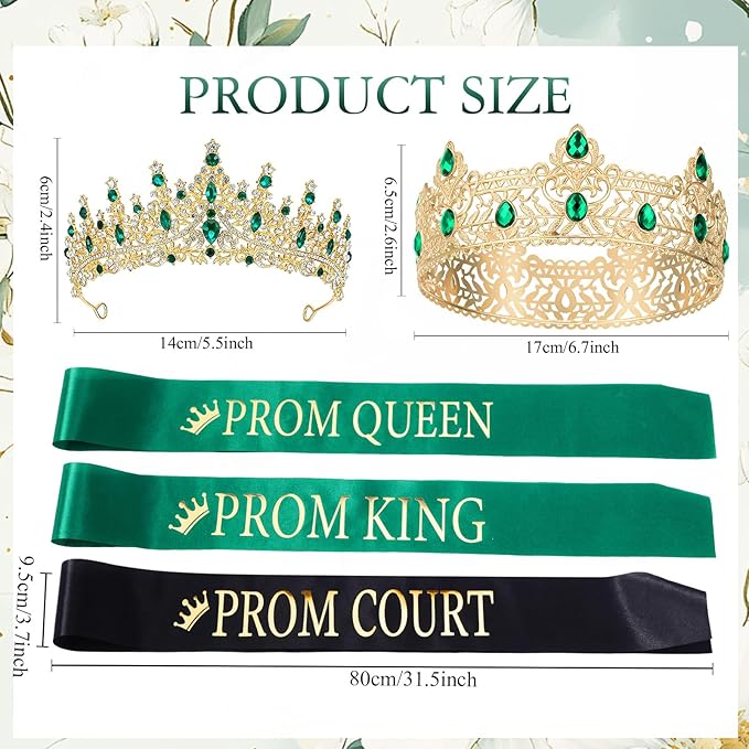 Retrowavy 12 Pcs Prom Crown and Sash Set, Prom King and Queen Tiara Rhinestone Crown Satin Sash for Graduation Party