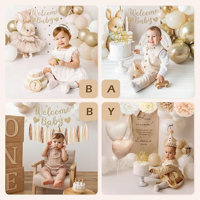 Baby Shower Decorations-Beige Cream Boho Neutral Balloons,Neutral Gender Reveal Party Supplies Welcome Baby Banner Paper Pom Poms Tassels,Cake Topper Star Decor for Baby Shower Decorations