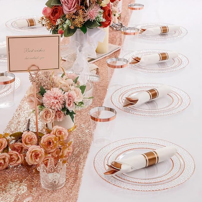 Liacere 350PCS Rose Gold Plastic Plates-Clear Rose Disposable Plates 50 Guests include 50 Dinner Plates,50 Salad Plates,50 Forks,50 Knives,50 Spoons,50 Cups,50 Napkins for Wedding & Party