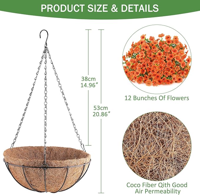 AGIRL Artificial Hanging Flowers with Baskets for Outdoors,UV Resistant Fake Hanging Plants for Outdoor Porch Patio Garden, Realistic Silk Flowers for Spring Summer Home Decor(Orange)
