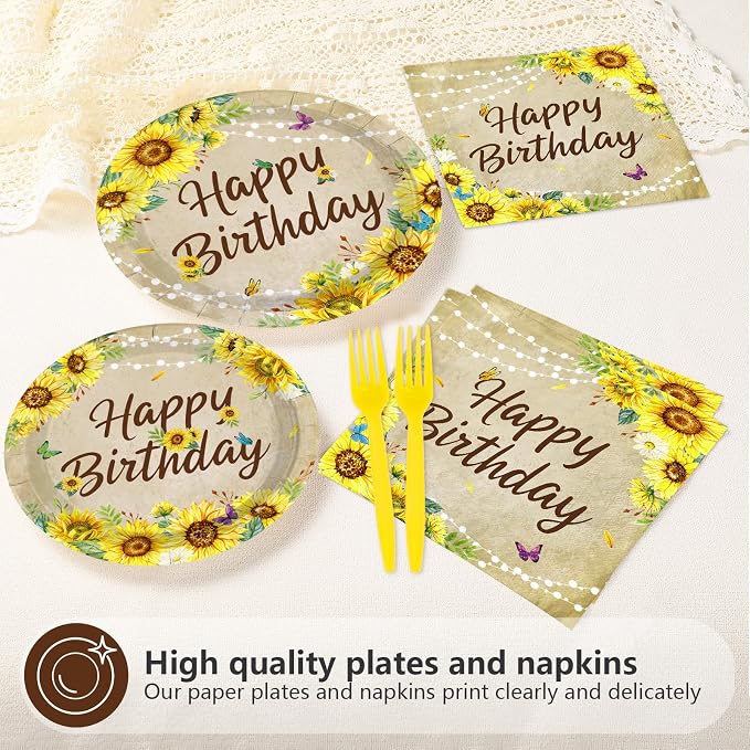 96 Pcs Sunflower Birthday Party Decorations Vintage Sunflower Plates and Napkins Disposable Yellow Sunflowers Tableware Set for Women Girls Spring Fall Birthday Wedding Party Supplies Serves 24